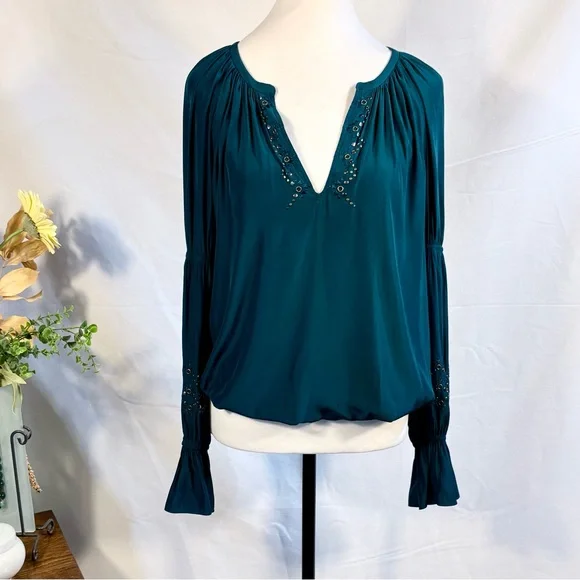 Ramy Brook Teal Embellished V Neck Gathered Sleeve Blouse Sz Medium🧡 - Picture 10 of 10